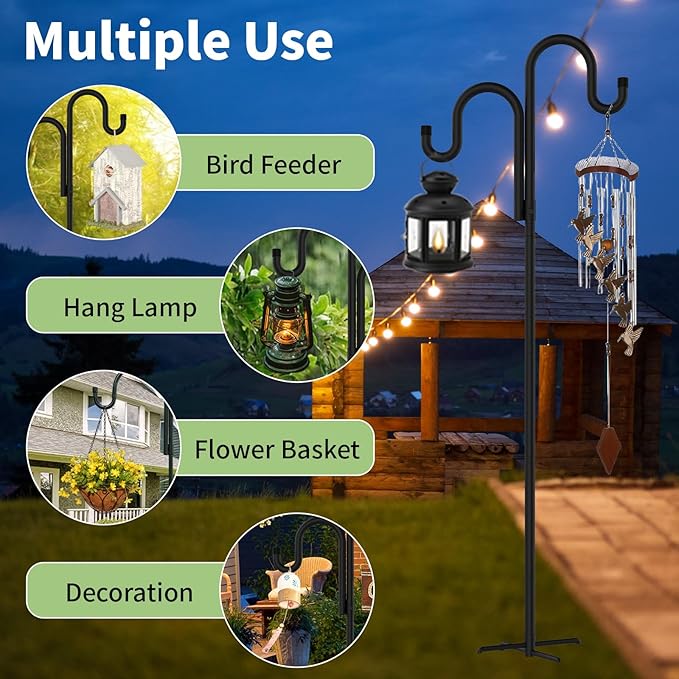 Double Shepherds Hooks for Outdoor, Bird Feeder Pole with 5 Prongs Base, Heavy Duty Garden Hook for Lantern, Wind Chime and Hummingbird Feeder, 92 Inch, 2 Pack