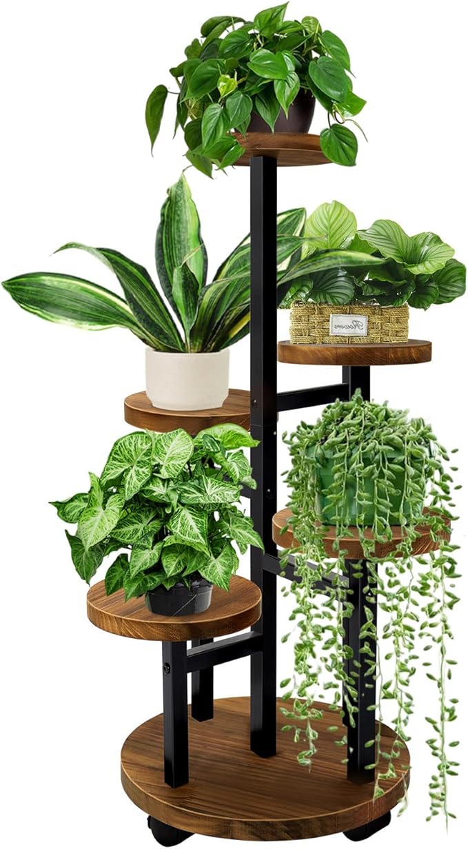 GEEBOBO 5 Tier Plant Stand With 4 Wheels, Metal Wood Tall Plant Stands For Indoor Plants Multiple, Corner Tiered Flower Plants Shelf Stand for Living Room Bedroom, Brown