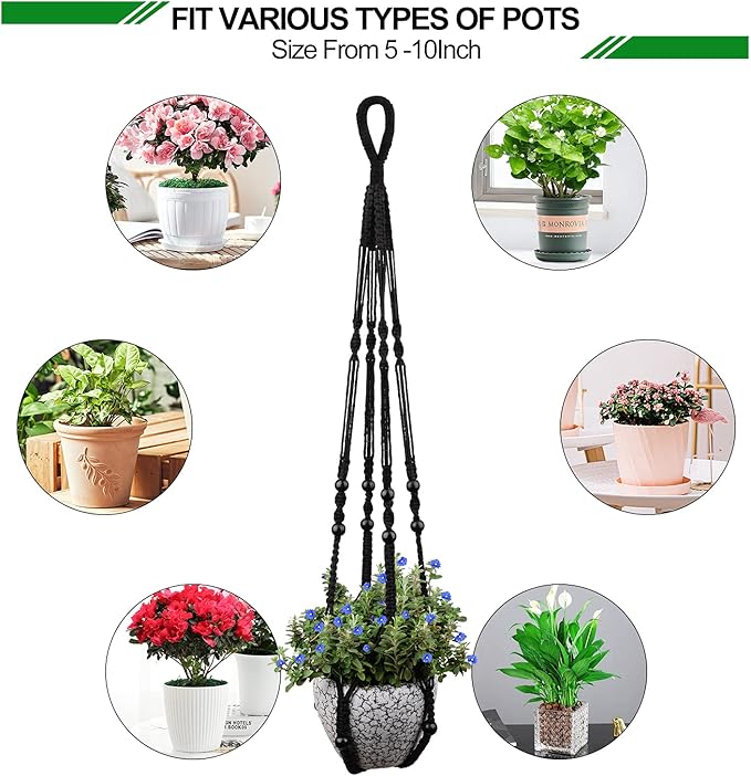 RIFNY Macrame Plant Hanger for 5 to 10 Inch Plant Pots, 35 Inch Indoor Handmade Woven Rope Hanger Kits with Hooks and Wood Beads, Hanging Planter Basket Holder for Boho Home Decor (Black, 3 Pack)