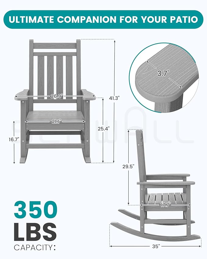 SERWALL Oversized Outdoor Rocking Chair Set of 4, HDPE Rocker for Adults, Patio Rocking Chairs for Porch, Sliver Gray