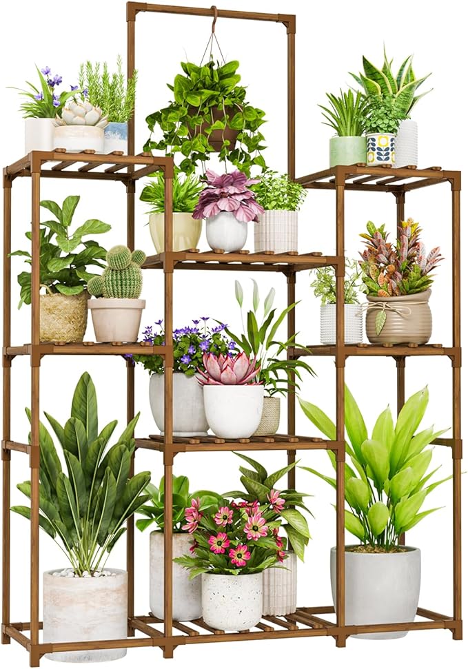Bamworld Plant Stand Indoor Outdoor Large Plant Shelf Tall Hanging Plant Holder Wood Flower Stand for Window Living Room Garden Balcony Home Decor Flower Patio 3 Tiers