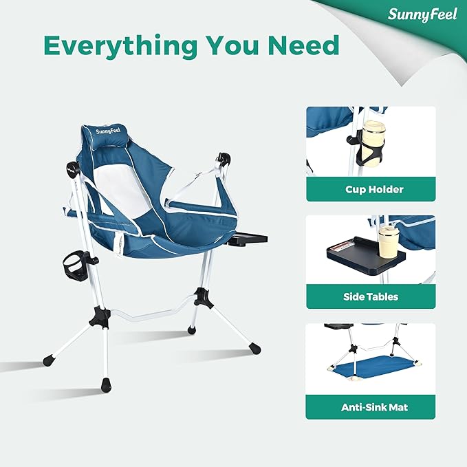 SUNNYFEEL Hammock Camping Chair, Oversized Swinging Camping Chair, Portable Hammock Chairs with Cup Holder, Beach Mat, MAX 300lbs Heavy Duty for Outdoor Travel Lawn Backyard Beach (Blue)