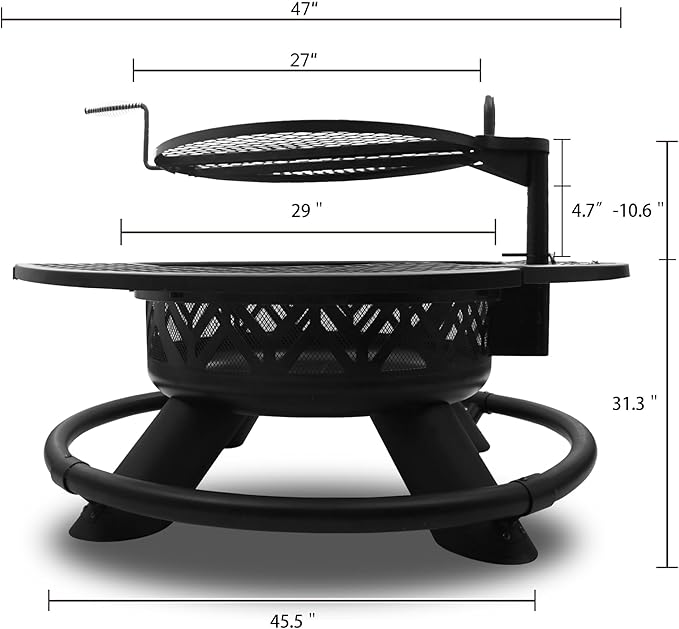 Red Mountain Valley 47" Outdoor Fire Pit with Adjustable Grill, 2-in-1 Metal Outdoor Fireplaces, Large Patio Wood Burning Fire Pits for Outside, Ideal for Backyard, Patio, Party