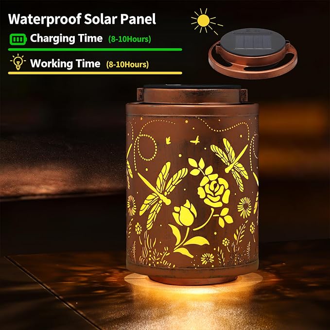 2 Pack Solar Lanterns Garden Decor Birthday Gifts for Women Mon Grandma Metal Hanging Solar Lights Waterproof Outdoor Decoration for Outside LED Lanterns for Yard Patio Lawn(Dragonfly)