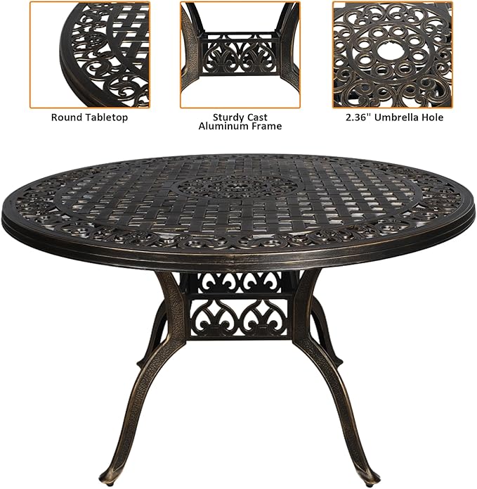 48" Round Patio Table for 6 Person Cast Aluminum Bistro Table with Umbrella Hole,Metal Patio Table Outdoor Bistro Dining Table for Garden,Bronze
