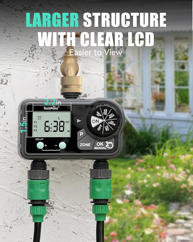 RAINPOINT Brass Sprinkler Timer 2 Stations, Large Digital Water Timer for Garden Hose with 6 Programmable Procedure, with Delay/Manual/Auto Irrigation Mode for Week/Specific/Daily Watering