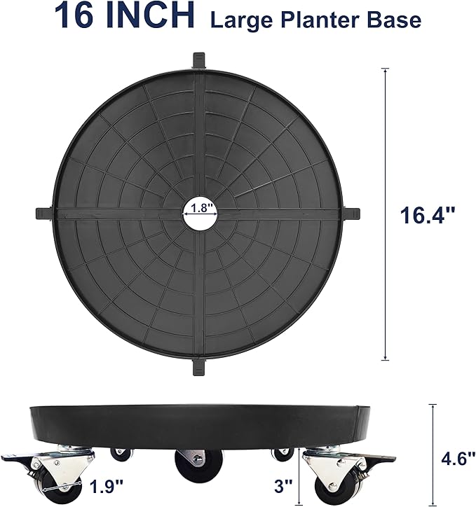 16 Inch Plant Caddy with Wheels Outdoor Indoor, Large Rolling Plant Stand for 500lb Heavy Duty Flower Pots, Round Plant Rollers Lockable Potted Planter Dolly, Black
