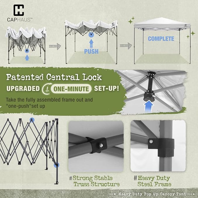 CAPHAUS 12ft x 12ft Patented One-Push Pop Up Outdoor Canopy Tent, Heavy-Duty Commercial Grade w/Central Lock, Portable and Instant Folding Shelter with Wheeled Carry Bag and Weight Bag, Blue