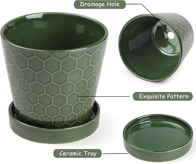 Ceramic Plant Pots,4+5+6 Inch Pots for Indoor Plants,Planters with Drainage Holes and Ceramic Tray, Indoor Flower Pots Gardening Home Desktop Office Windowsill Decoration Gift,Set of 3 (Patina)