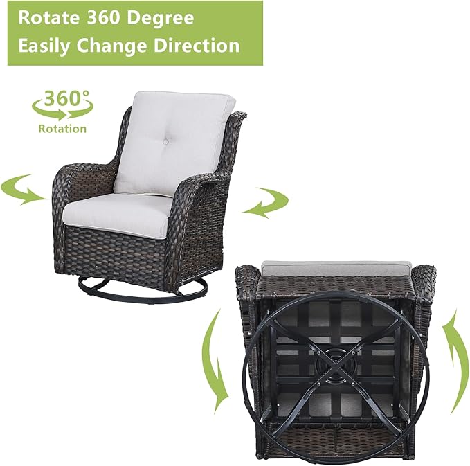 Outdoor Wicker Patio Furniture Set - 6 Piece Rattan Patio Conversation Set with 2 Rocking Swivel Chairs,2 Ottomans,1 Sofa and 1 Coffee Table for Porch Deck Backyard Garden(Brown/Beige)