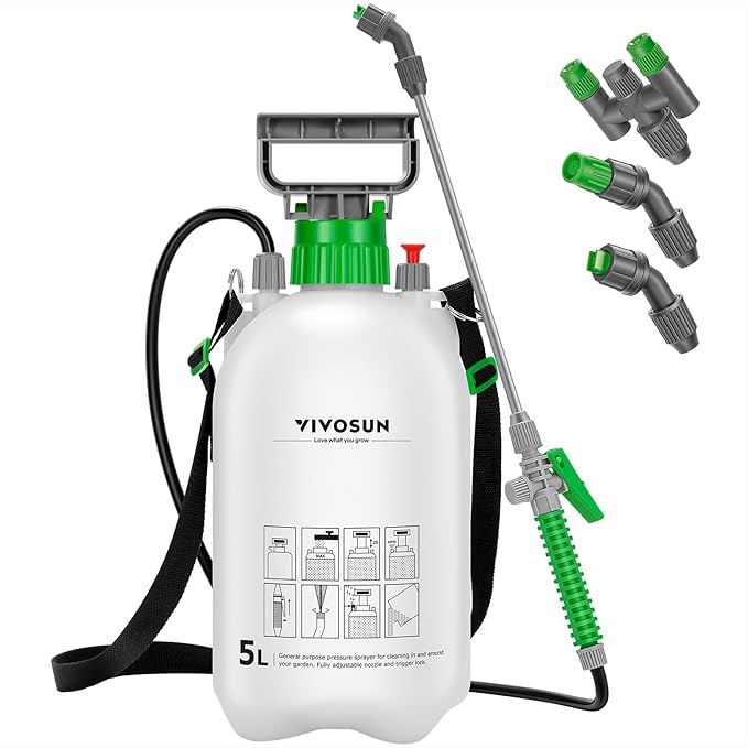 VIVOSUN Pump Sprayer 1.35 Gallon, Portable Water Spray Bottle in Lawn and Garden Yard, Weed Sprayer for Plants with 3 Nozzles, Adjustable Shoulder Strap, Pressure Relief Valve