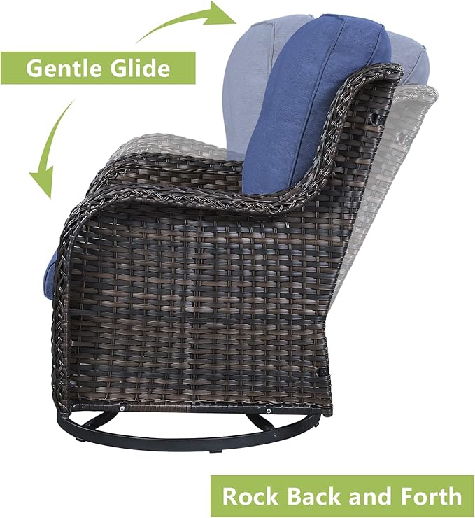 Outdoor Wicker Patio Furniture Set - 5 Piece Rattan Patio Conversation Set with 2 Rocking Swivel Chairs,2 Ottomans and 1 Sofa for Porch Deck Backyard Garden(Brown/Blue)