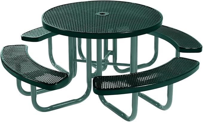 Heavy-Duty Portable Outdoor Picnic Table with Umbrella Hole, Punched Steel Commercial-Grade Patio Furniture Made in America (46" Round Top, Dark Green with Dark Green Frames)