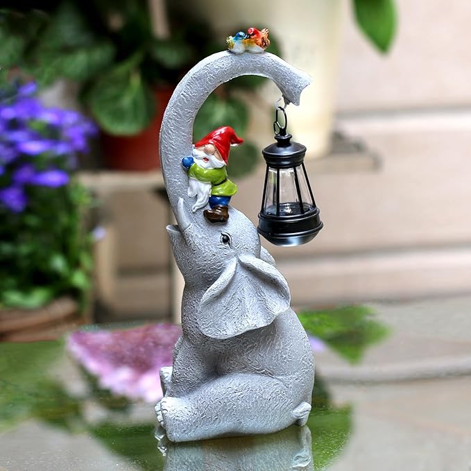 Elephant Statues Garden Decor - Lucky Elephant Outdoor Statues with Solar Powered Lantern, Elephant Statue Gifts for Women,Resin Yard Art for Outdoor & Home Decor(11" Elephant)