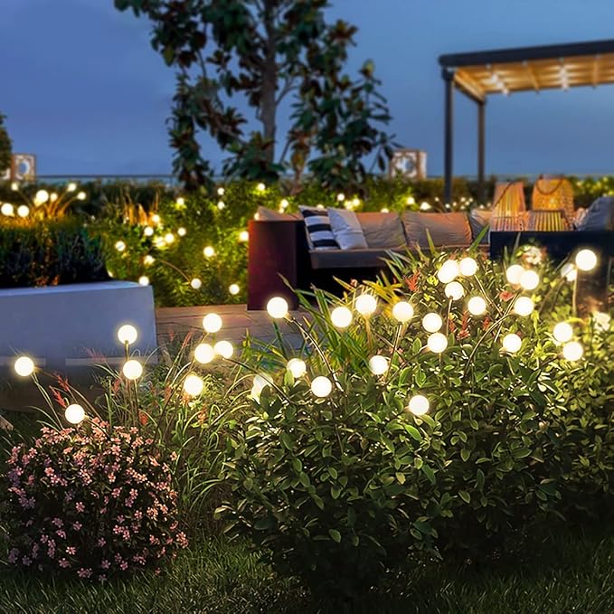 Solar Garden Lights - 4 Pack 48 LED Firefly Lights with 2 Lighting Modes, Sway by Wind, Waterproof Outdoor Decoration, Warm White