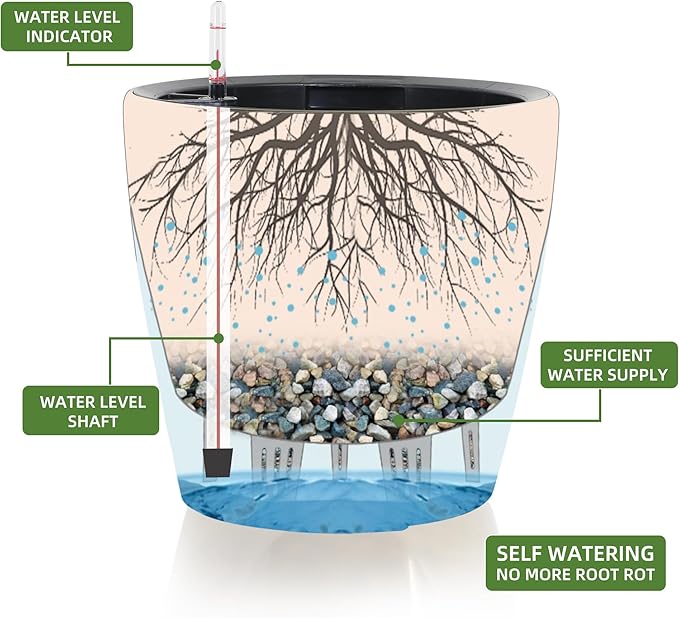 Dexceder 15x14 Self Watering Planter with Wheels Indoor Outdoor, Inner Pot Design, Thickened Large Floor Standing Flower Plant Pot with Water Level Indicator (White Gold Crackle)