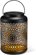 Glitzhome Solar Lantern Black Metal Cutout Scrollwork Outdoor Hanging Solar Light with Handle for Garden Patio Yard Outdoor Decor