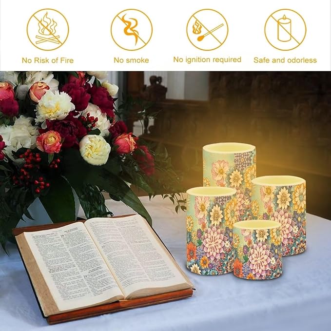 Flameless LED Candles Electric Candles with Remote Timer Control Long Lasting Pillar Candles Tealights Bohemian Style Home Outdoor Decoration Pack of 4, Boho Flower Purple Blue
