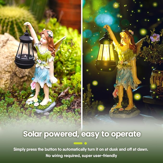 Fairy Garden Statue Solar Garden Fairy with Lantern Light Outdoor Garden Decoration Waterproof Solar Garden Sculpture for Patio Yard Lawn Gift for Mom Grandma