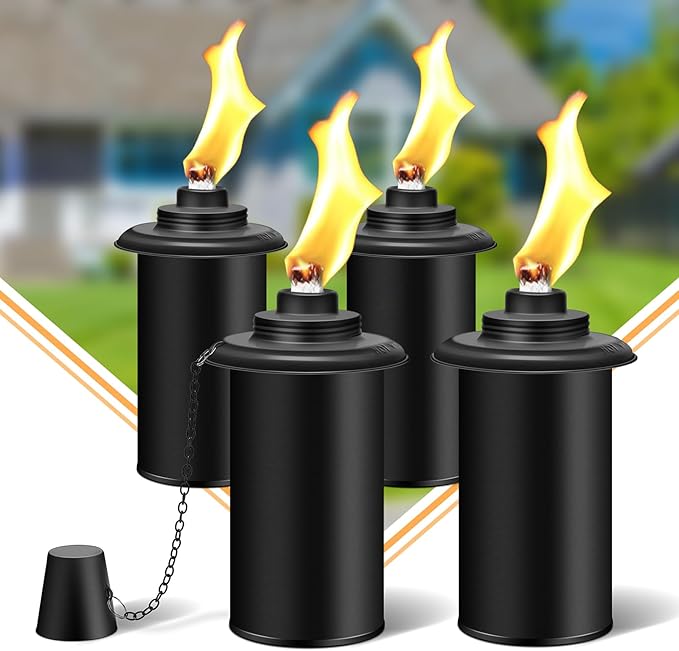 4 Pack Torch Canisters,16oz Replacement Torch Refillable Canisters with Wicks,Caps, Outdoor Citronella Fuel Torch Canister for Luau Party, DIY Garden Decor.