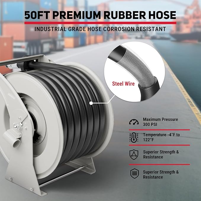 Diesel Fuel Hose Reel Retractable 1" x 50' with Fueling Nozzle Diesel Hose Reel 300 PSI Industrial Auto Swivel Heavy Duty Steel Construction for Farm Ship Vehicle Tank