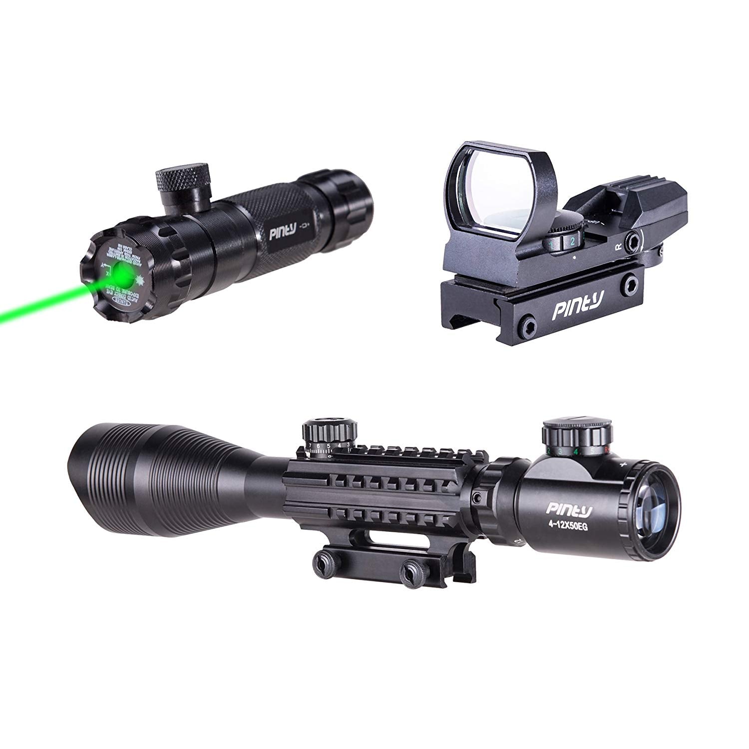 3-in-1 Rifle Scope Combo, 4-12x50mm Rangefinder Scope, Red&Green Reflex Sight, Green Laser