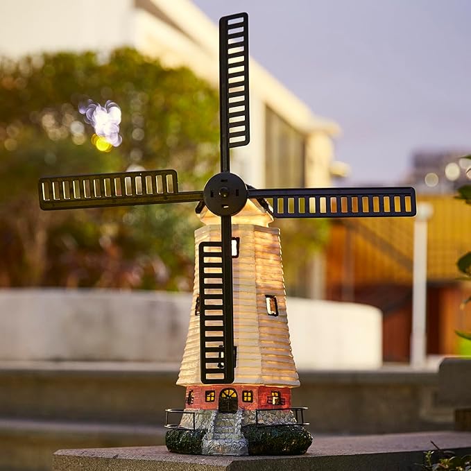 pearlstar Solar Garden Outdoor Windmill Lighthouse - 20" Solar Powered LED Lighthouse Garden Statue Waterproof Decorative Light for Landscape Decor Lawn Garden Table Patio Pathway Yard