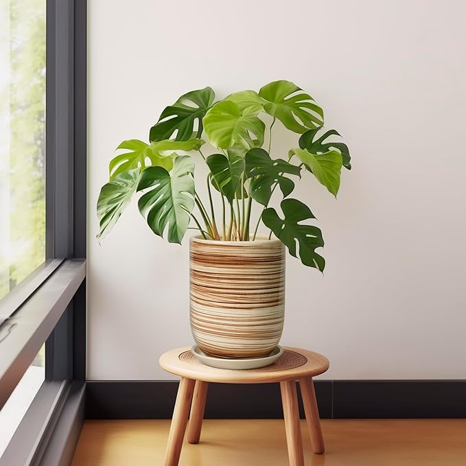 8 Inch Plant Pot, Ceramic Planter for Outdoor Plants, Large Plant Pot Indoor with Drainage Hole and Saucer, Modern Flower Pot for Home Garden Decor Yellow
