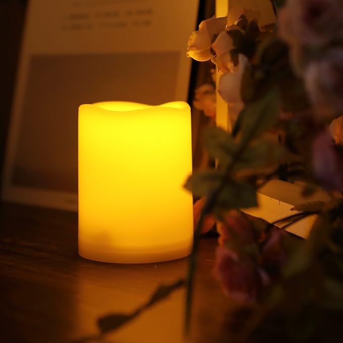 CANDLE CHOICE Waterproof Outdoor Battery Operated Flameless Pillar Candle with Timer Realistic Flickering Plastic Fake Electric LED Light for Lantern Garden Wedding Christmas Decorations 3x4 Inches