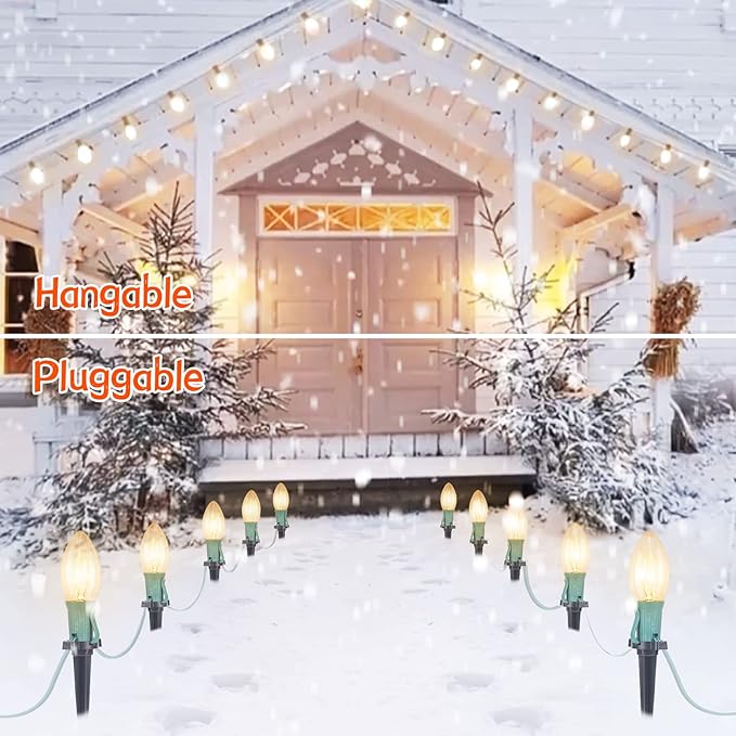 C9 Christmas Pathway String Lights Outdoor - 2 Pack Total 51.4 FT 40 Clear Lights with 40 Stakes, Connectable Waterproof Walkway Lights for Indoor Xmas Party Holiday Commercial Decoration, Warm White