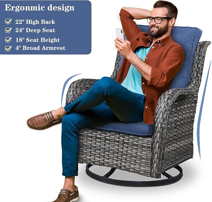 Wicker Patio Furniture Sets - 8 Piece Rattan Outdoor Furniture Conversation Sets with 4 Swivel Rocker Chairs, Rattan Sofa, Wicker Ottomans and Coffee Table, Mixed Grey/Blue