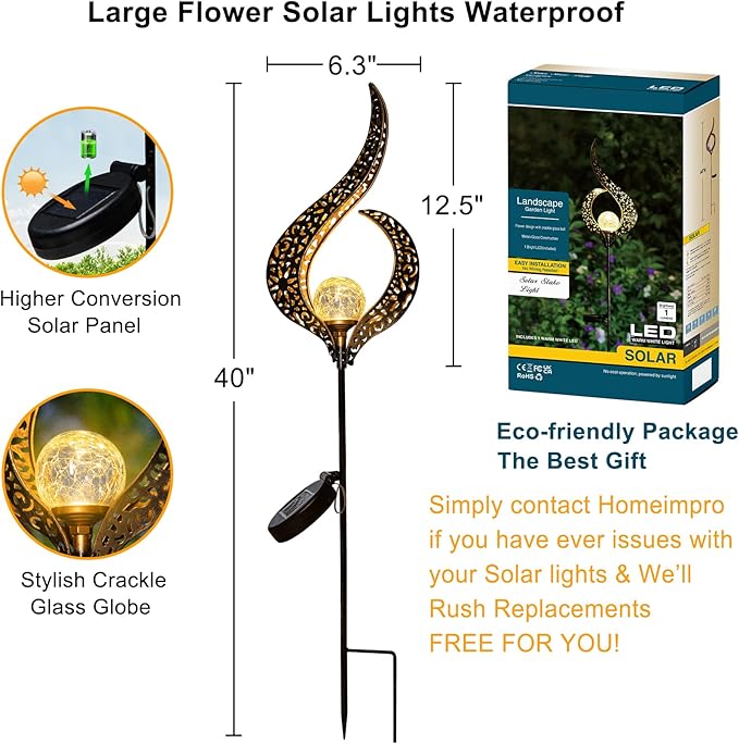 HOMEIMPRO Outdoor Garden Solar Lights Stake，Crackle Glass Globe,Metal Flower Waterproof LED Fairy Lights for Pathway,Lawn,Patio or Courtyard,Gardening Gift (Bronze)