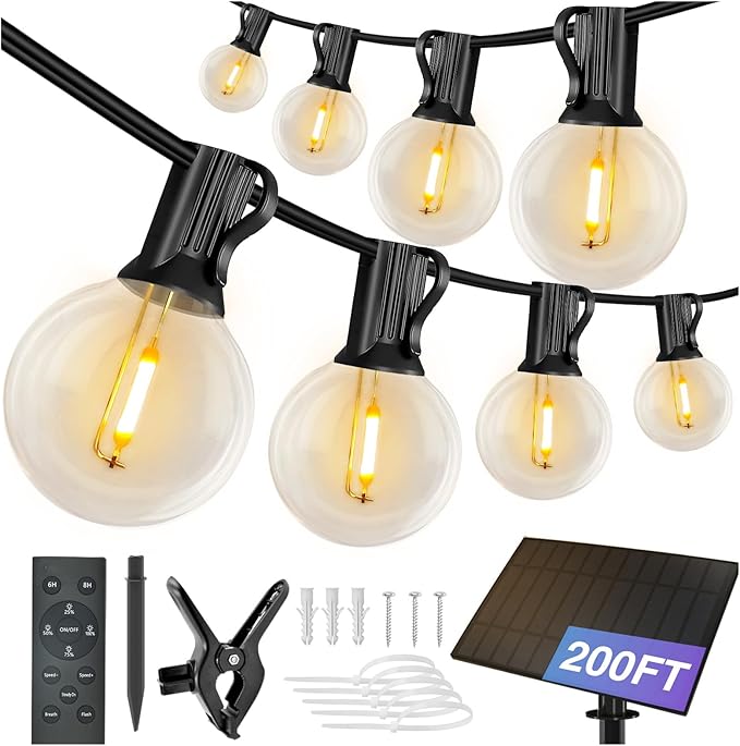 DAYBETTER 200FT Solar String Lights Outdoor Waterproof with Remote,100 LED Bulbs Dimmable&Timer,Patio Lights 3 Installation-Clips,Stakes&Nails for Outside Porch Garden Backyard Bistro