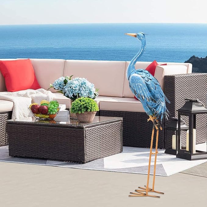 Nacome Large Standing Blue Metal Crane Garden Statue: Indoor Outdoor Heron Animal Sculpture for Patio Backyard Porch Yard Bird Art Lawn Decor - 36.6inch Gifts for Grandma Mom