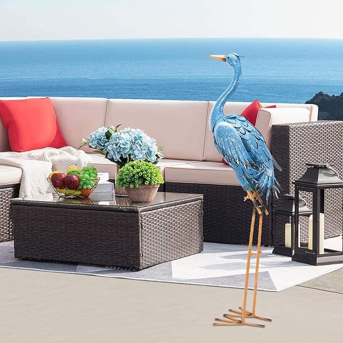 Nacome Large Standing Blue Metal Crane Garden Statue: Indoor Outdoor Heron Animal Sculpture for Patio Backyard Porch Yard Bird Art Lawn Decor - 36.6inch Gifts for Grandma Mom