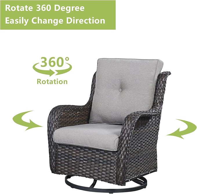 Outdoor Wicker Patio Furniture Set - 6 Piece Rattan Patio Conversation Set with 2 Rocking Swivel Chairs,2 Ottomans,1 Sofa and 1 Side Table for Porch Deck Backyard Garden(Brown/Grey)