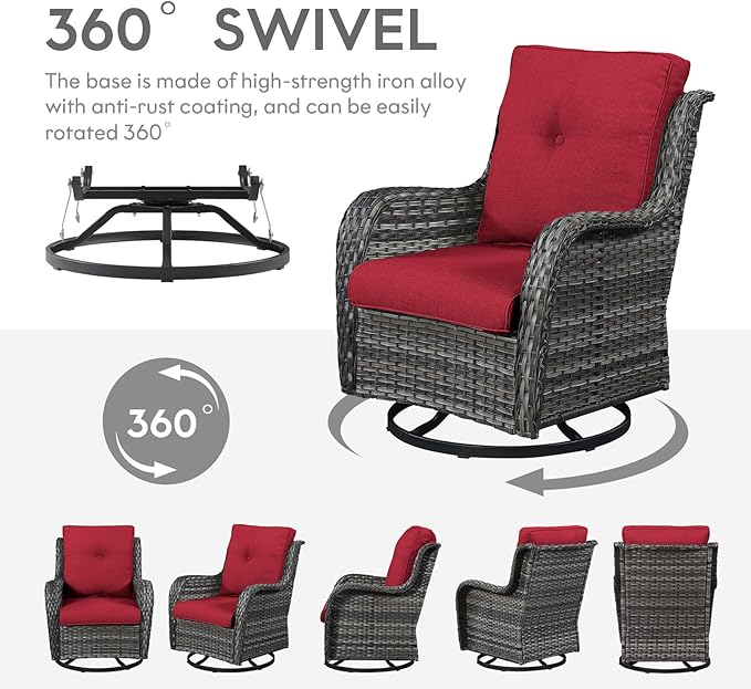 5 Piece Outdoor Patio Furniture Set - Wicker Furniture Patio Conversation Set, Outdoor Swivel Rocker Chairs with 3-Seater Sofa and 2 Ottomans for Small Space, Red Cushion