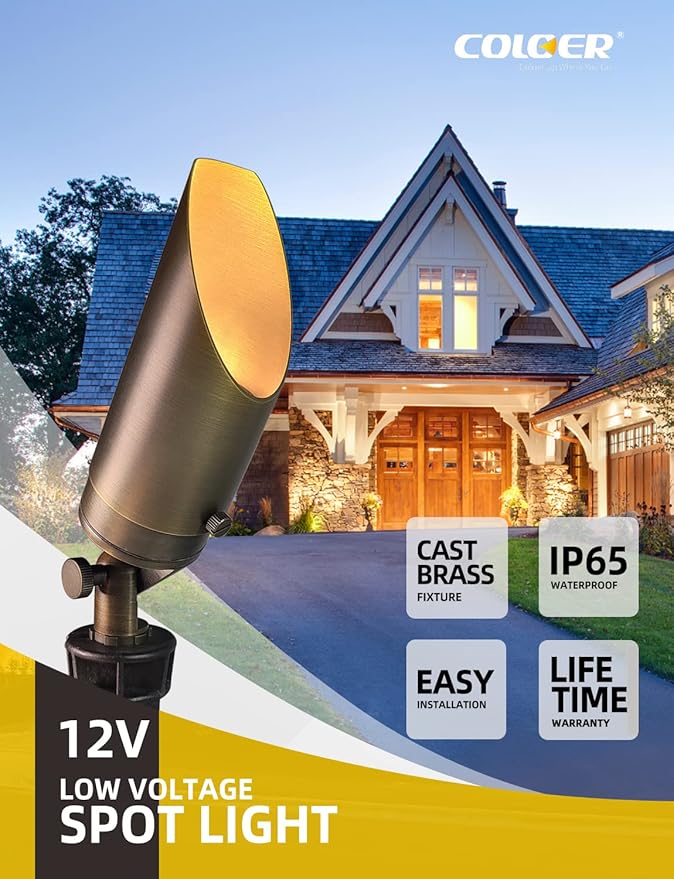 COLOER Die-cast Brass Landscape SpotLights Outdoor, 12V AC/DC Low Voltage Adjustable Yard Lighting, Garden Patio Trees Directional Spot Up Light(103B,Bronze, 12-Pack Without Bulb)