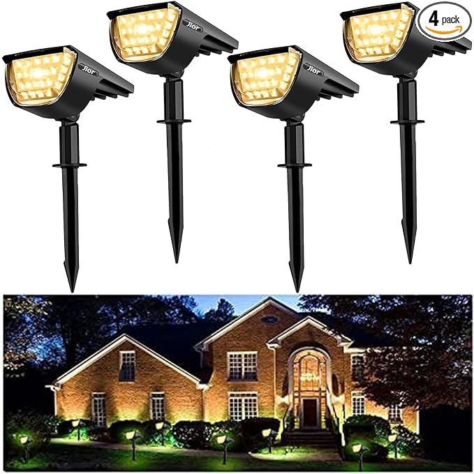 Jior Solar Landscape Spot Lights Outdoor 32 LED IP65 Waterproof Solar Powered Wall Lights 2-in-1 Adjustable Lights for Garden Yard Driveway Walkway Pool Patio 4 Pack (Warm White)