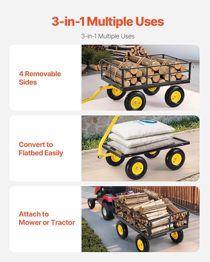 VEVOR 1200 Lbs Steel Garden Cart, Heavy Duty Pullable Garden Wagon Yard Cart, 2 in 1 Outdoor Metal Utility Wagon Yard Trailer with 13" All Terrain Tires, Mesh Removable Sides and 180°Rotating Handle
