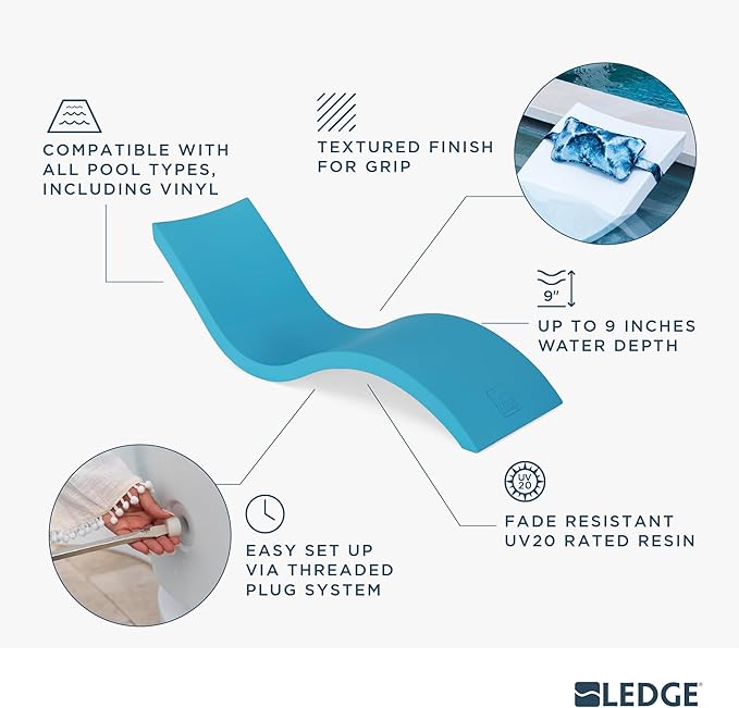 Ledge Lounger - Signature Chaise - Inside Pool & Sun Shelf Lounge Chair - Designed for Shallow Shelves Up to 9” - Compatible with All Pool Types - Poolside & Sun Deck Tanning - Set of 2 - White