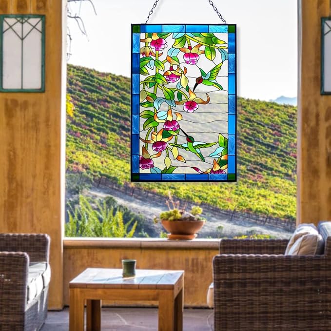 VEWOGARDEN Hummingbird Stained Glass Window Hangings, Bird Suncatcher Panel with Metal Chain for Windows Decor Indoor Outdoor (W10xH15 inch)
