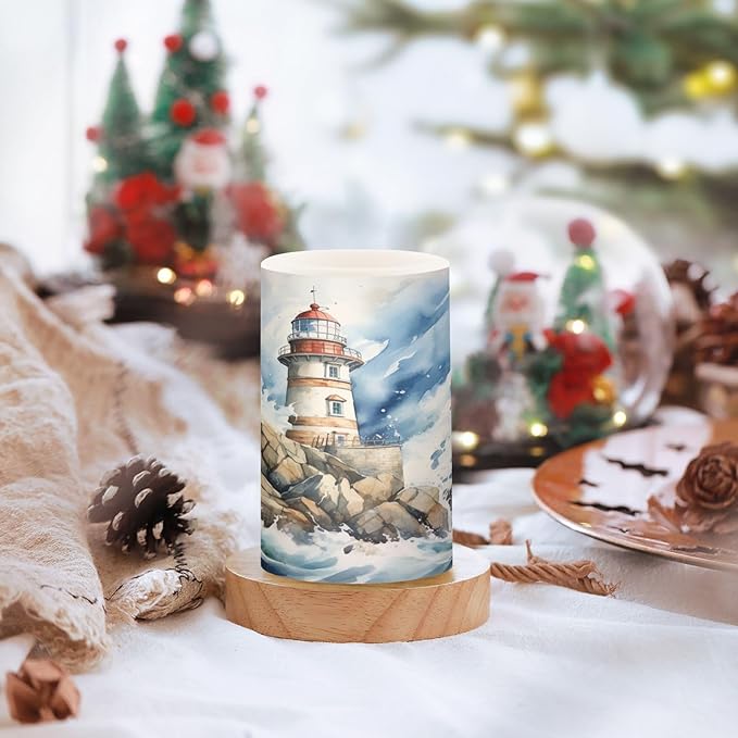 Flickering Flameless Candles, Lighthouse Ocean LED Candles with Remote Timer, Set of 2 Battery Operated Candle for Valentine Wedding Birthday