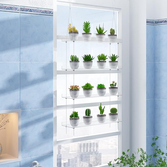 4-TierClear Plant Shelves, Height Adjustable Hanging Acrylic Indoor Wall Hanging Plant Stand Flower Display, Flower Pot Organizer Storage for Window Grow Herbs, Microgreens, Succulents, 16 Inch