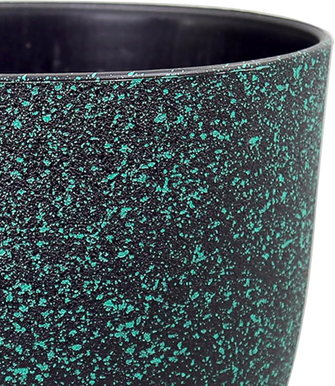 Plant Pots 10/9/8 inch, Set of 3 Modern Decorative Plastic Planters with Drainage Holes and Saucers for Garden House Plants, Flower Pots for Indoor Outdoor Plants, Black with Green Speckles