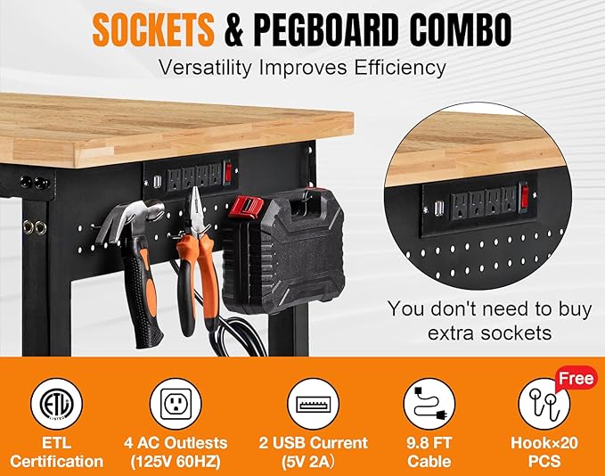 96”Adjustable Work Bench, 5000 LBS Capacity Heavy Duty Workbench with Power Outlet & Pegboard, Rubber Wood Work Table for Garage, Workshop, Office, Home