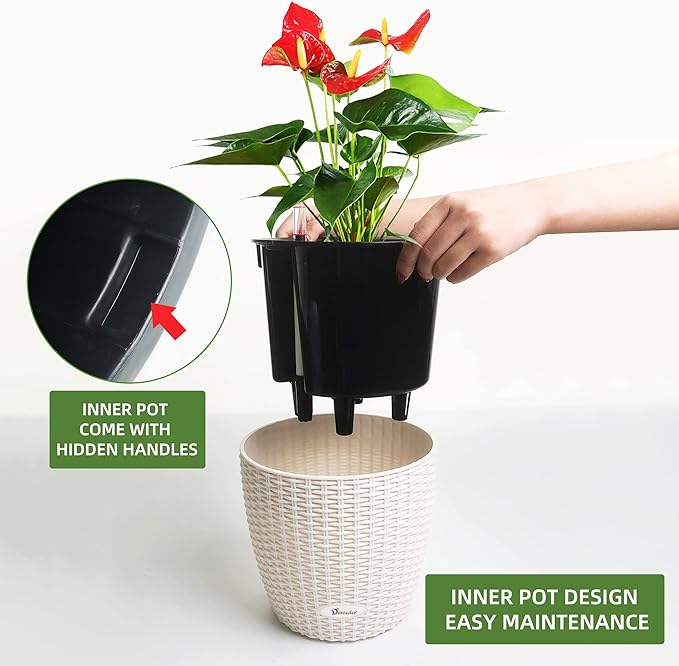 Dexceder 11x10 Inches Rattan Self Watering Planter Indoor Outdoor, Inner Pot Design, Thickened Table Flower Plant Pot with Water Level Indicator (Ivory White)