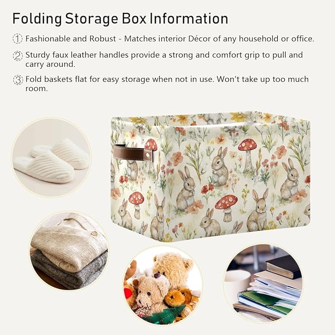 Easter Mushroom Rabbit Rectangular Storage Basket Organizer Bin Shelf Baskets For Clothes Gifts For Home Office Dorm