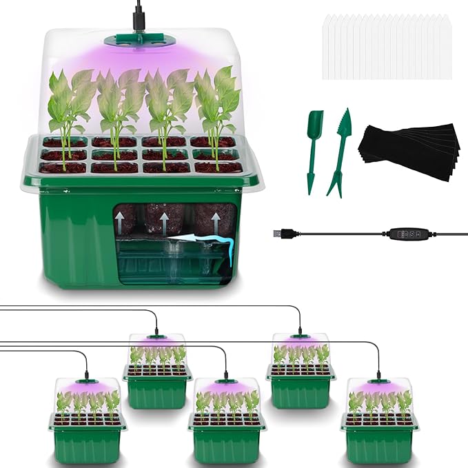 Self-Watering Seed Starter Tray - Kit with Grow Light and Humidity Dome, 6-Pack 72-Cell Plant Seedling Tray,Reusable Plastic Germination Trays for Indoor Gardening Seeds Growing Starting