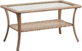 Patio Tables Outdoor Coffee Table - Wicker Rattan Coffee Tables with 2-Tier Storage Shelf Glass Top for Outside Proch Deck Balcony Garden Rectangle Yellow